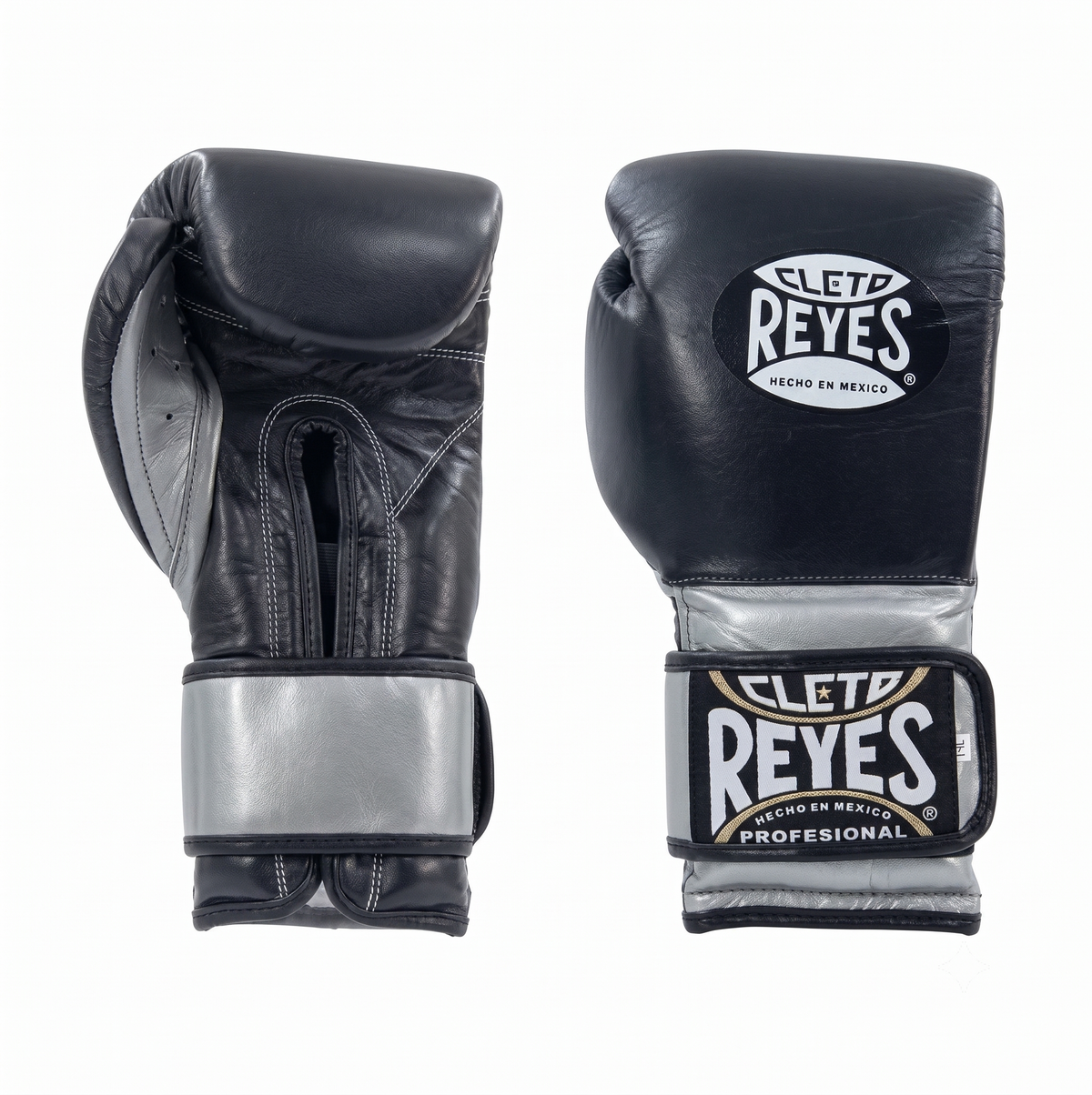Pair of Cleto Reyes black and metallic silver boxing gloves, front and side view