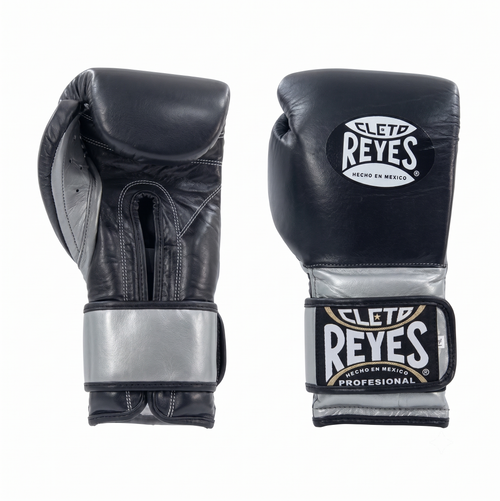 Pair of Cleto Reyes black and metallic silver boxing gloves, front and side view