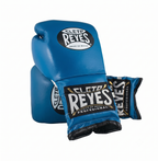 Cleto Reyes royal blue leather boxing gloves side by side showing logo patches on the back