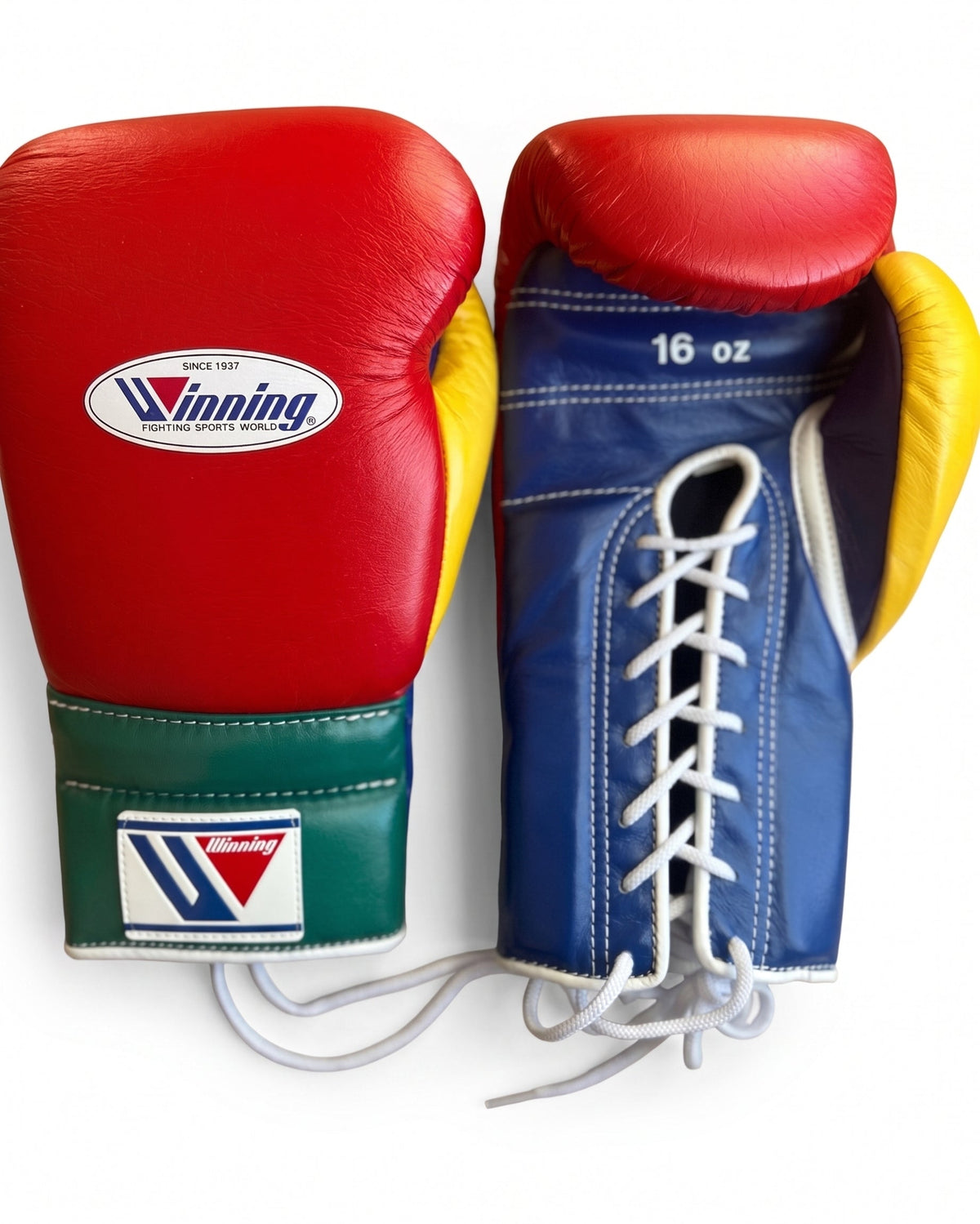 Winning lace-up boxing glove in color-block red back, navy palm, green cuff and yellow thumb panels