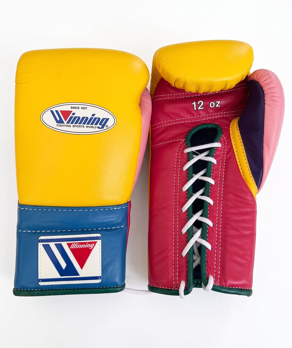 Winning multicolor boxing gloves with yellow back, magenta palm, royal blue cuff and green trim