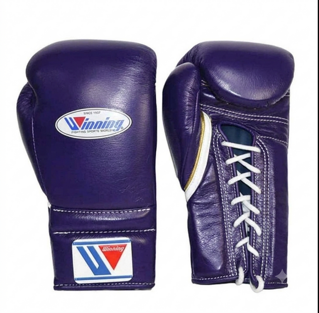 Pair of Winning MS-600 boxing gloves in full deep purple leather, purple from back to palm and cuff