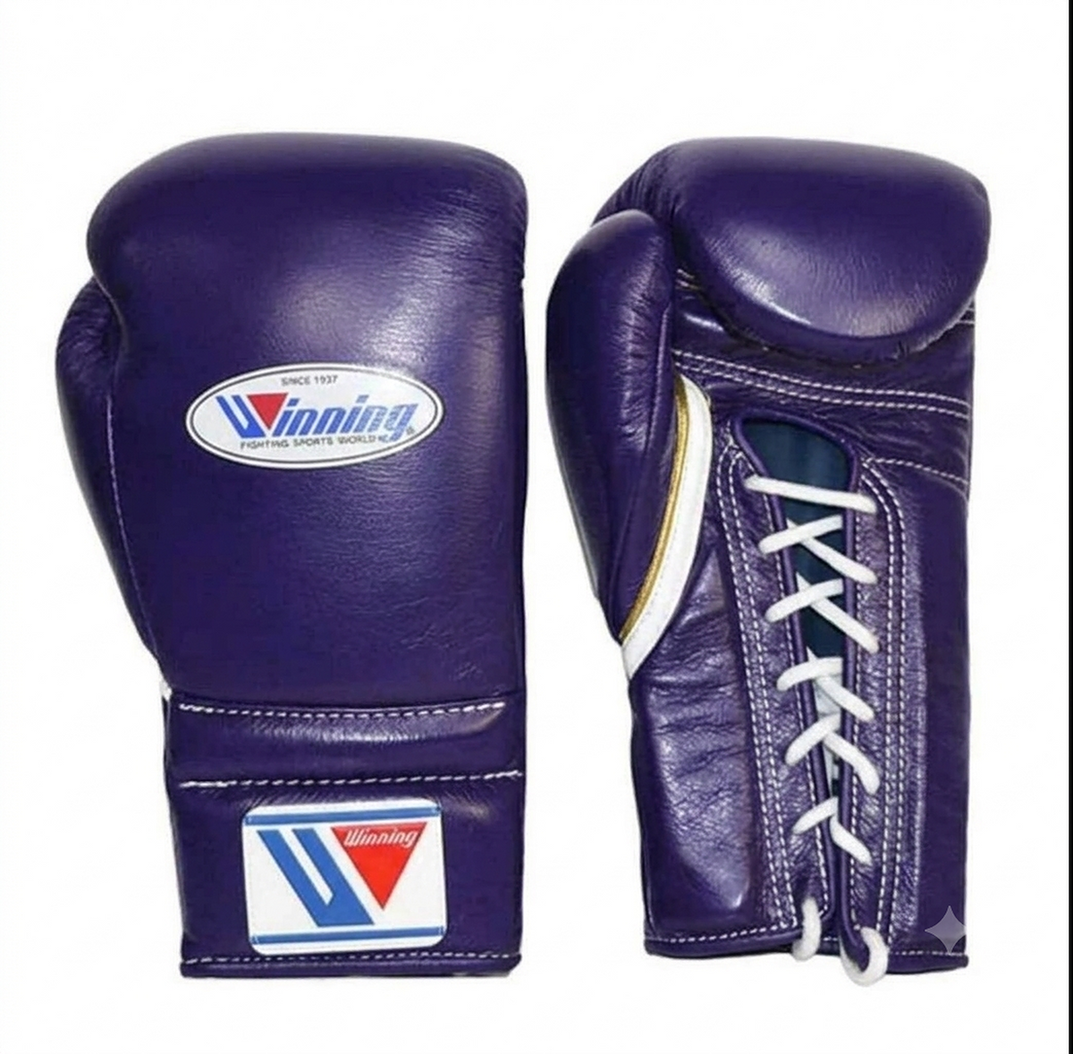 Pair of Winning MS-600 boxing gloves in full deep purple leather, purple from back to palm and cuff