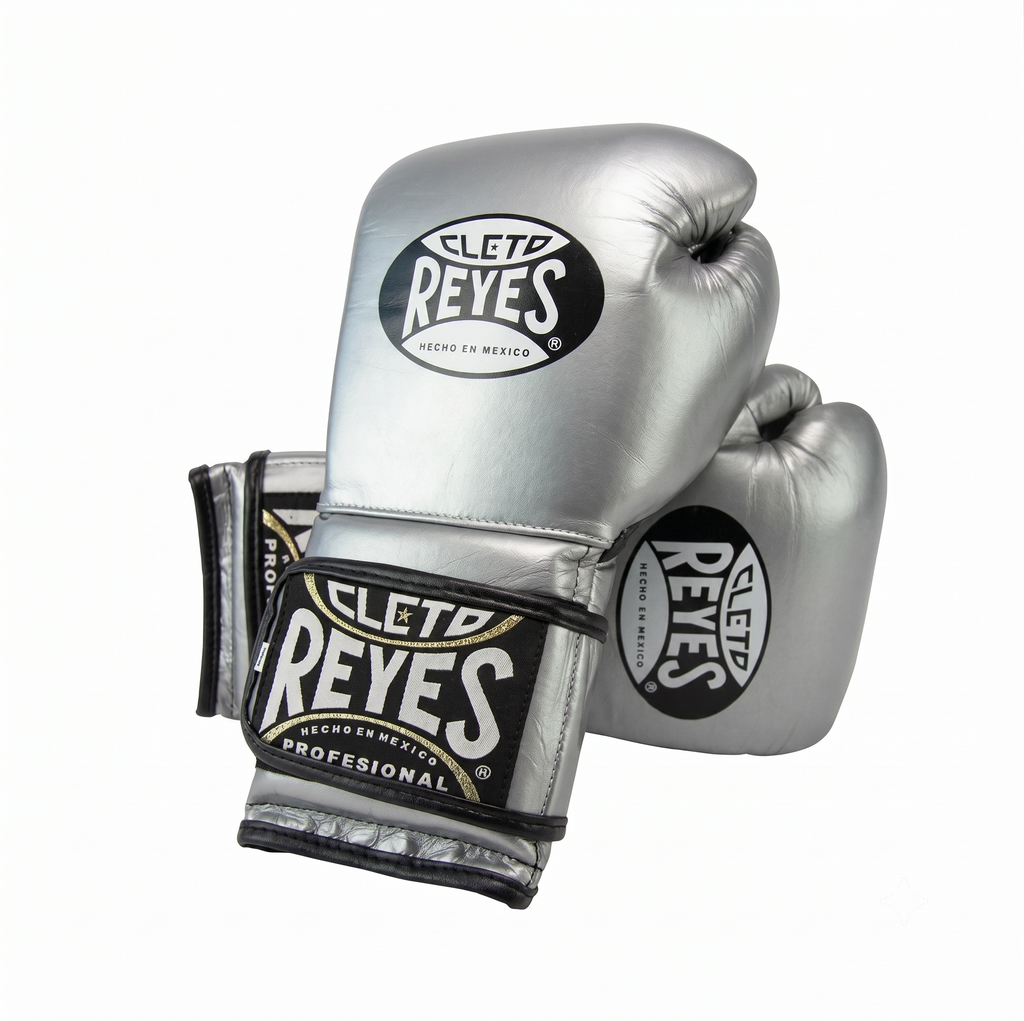Cleto Reyes metallic silver boxing gloves side by side showing logo patches and black trim
