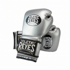 Cleto Reyes metallic silver boxing gloves side by side showing logo patches and black trim