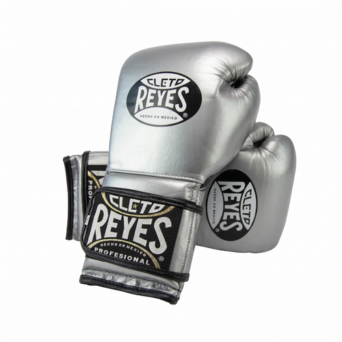 Cleto Reyes metallic silver boxing gloves side by side showing logo patches and black trim