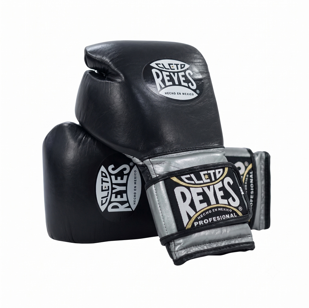 Cleto Reyes black boxing gloves with metallic silver cuff and hook-and-loop strap