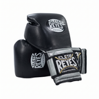 Cleto Reyes black boxing gloves with metallic silver cuff and hook-and-loop strap