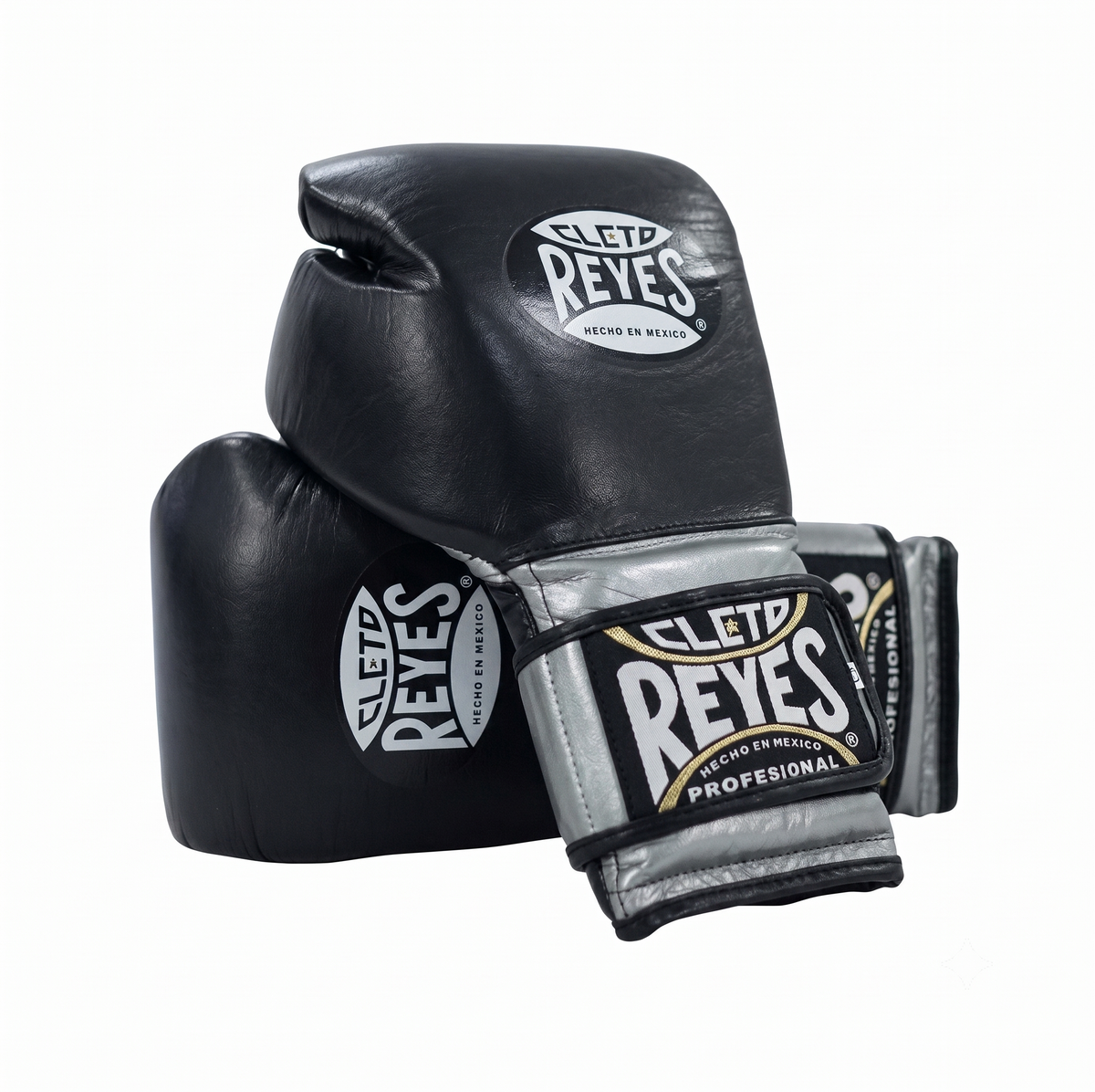 Cleto Reyes black boxing gloves with metallic silver cuff and hook-and-loop strap