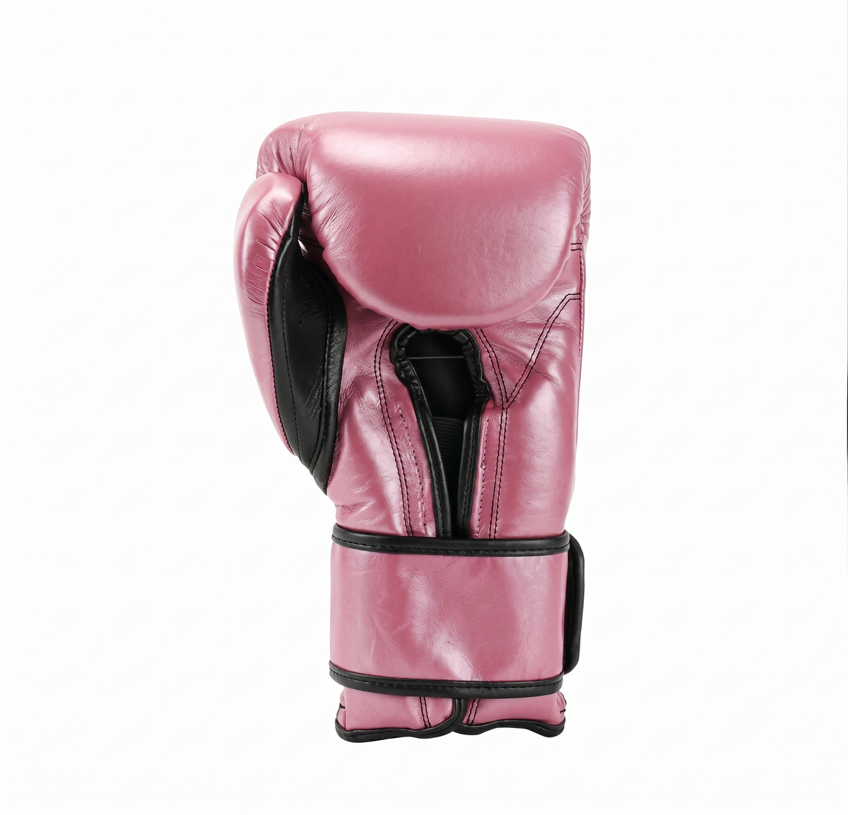 Cleto Reyes metallic pink boxing glove shown from the side with its black hook-and-loop strap