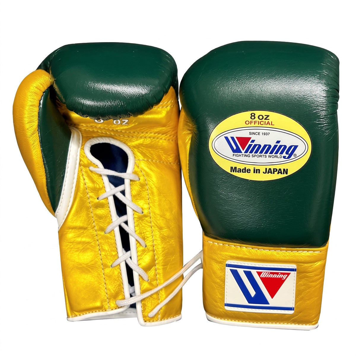 Winning dark green boxing gloves with metallic gold palm and gold cuff, laced at the wrist