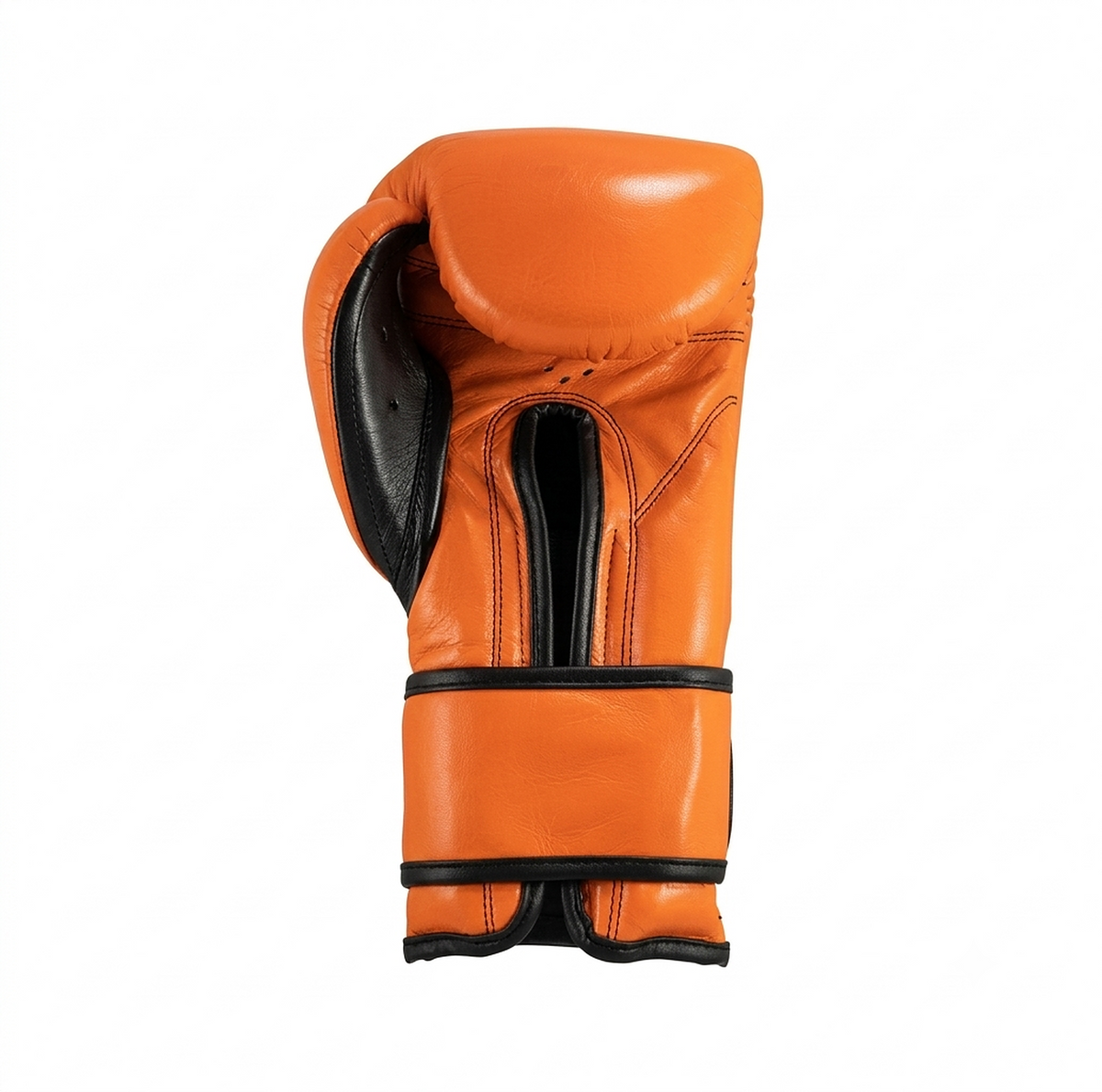 Side view of a Cleto Reyes orange boxing glove showing the black wrist strap and black trim