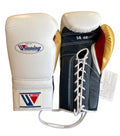 Winning lace-up boxing glove with white leather back, black palm and a gold inner thumb accent panel