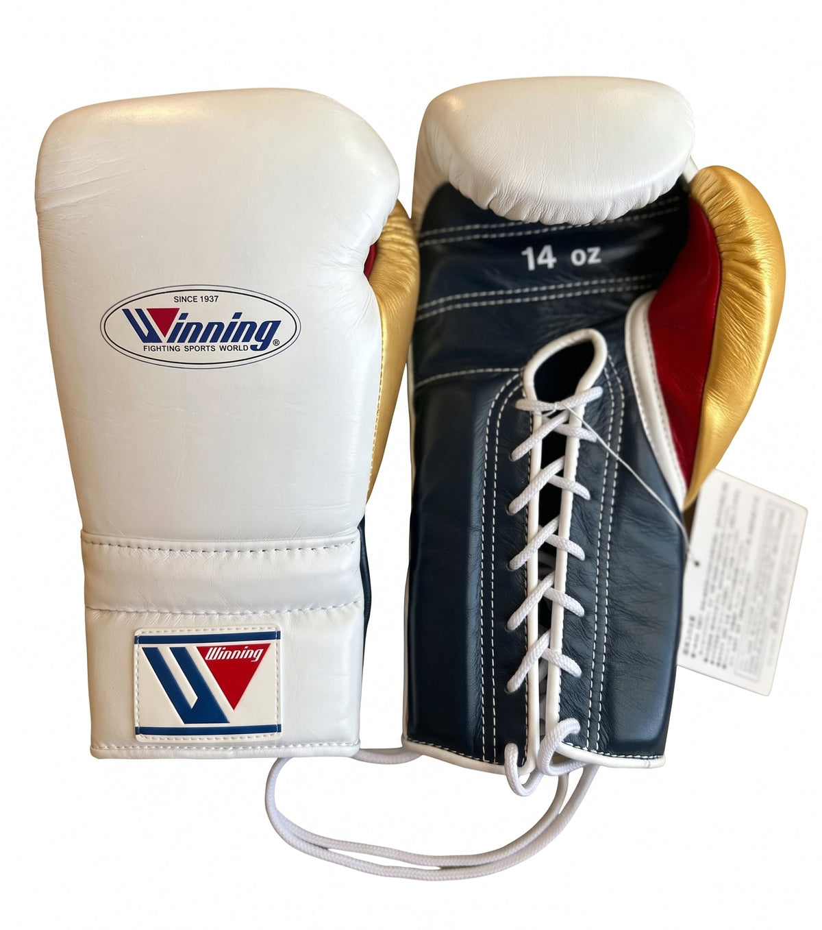 Winning lace-up boxing glove with white leather back, black palm and a gold inner thumb accent panel