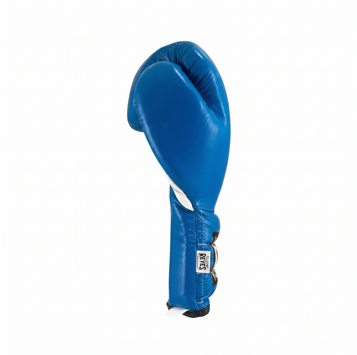 Cleto Reyes royal blue leather lace-up boxing glove standing upright on a plain background