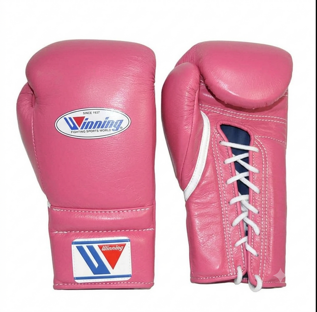 Winning MS-600 boxing gloves in full pink leather with bright white laces and the red, white and blue W logo