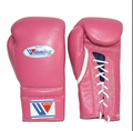 Winning MS-600 boxing gloves in full pink leather with bright white laces and the red, white and blue W logo