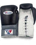 Winning black lace-up boxing gloves with a white palm and gray cuff