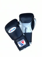 Winning MS-600 Velcro boxing glove with black back, silver palm and black hook-and-loop wrist strap - palm and closure detail
