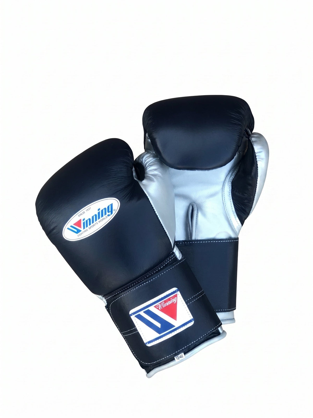 Winning MS-600 Velcro boxing glove with black back, silver palm and black hook-and-loop wrist strap - palm and closure detail
