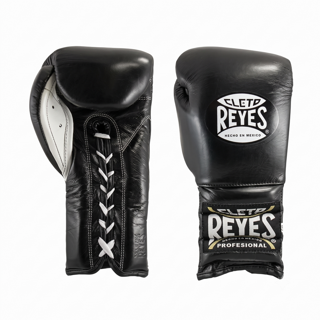Pair of Cleto Reyes black lace-up boxing gloves with white laces and white palm lining, front and side
