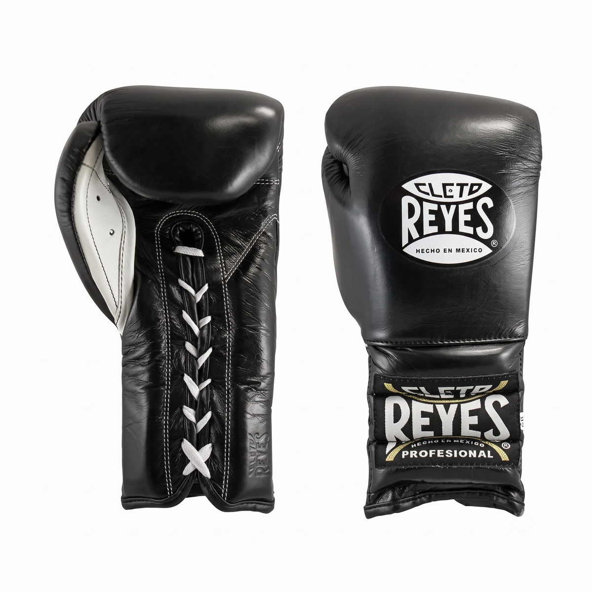Pair of Cleto Reyes black lace-up boxing gloves with white laces and white palm lining, front and side