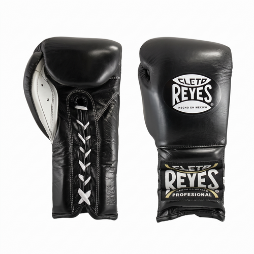 Pair of Cleto Reyes black lace-up boxing gloves with white laces and white palm lining, front and side