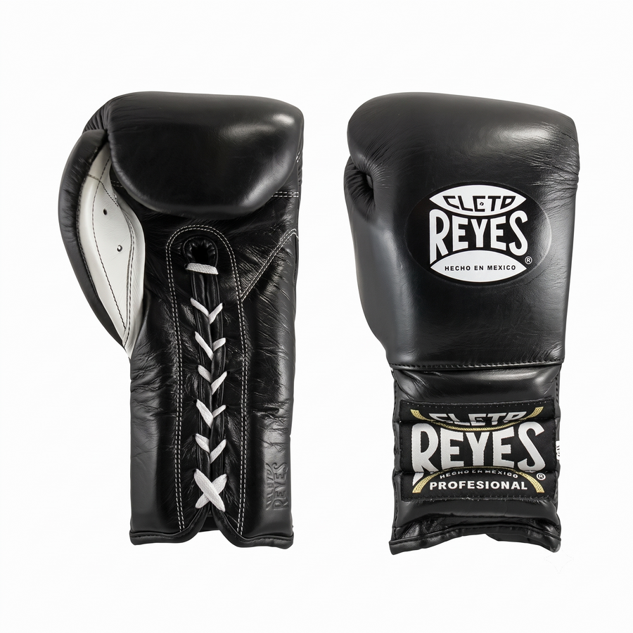 Pair of Cleto Reyes black lace-up boxing gloves with white laces and white palm lining, front and side