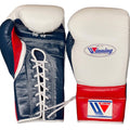 Winning white boxing gloves with a navy palm and red cuff, laced up at the wrist