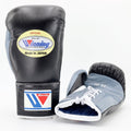 Winning black boxing gloves with silver-gray palm and black cuff and a lace-up wrist