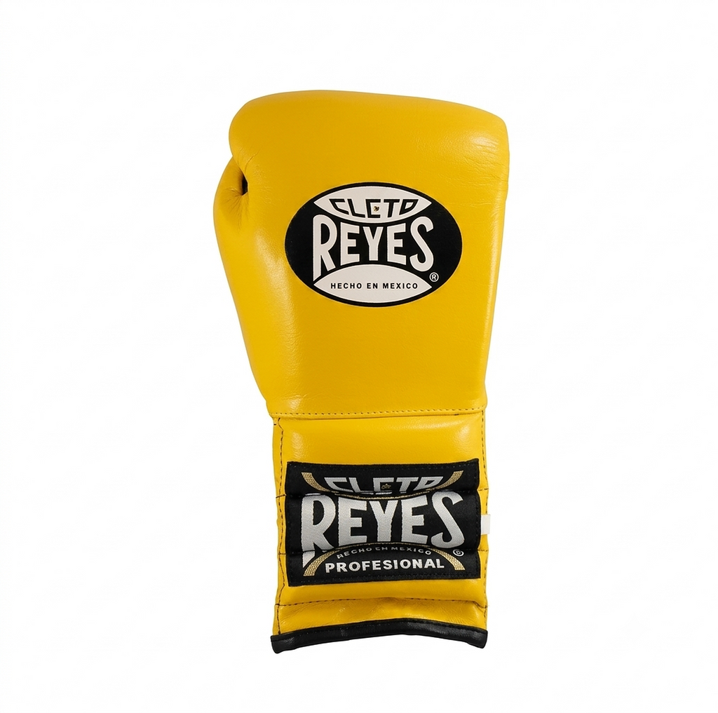 Single Cleto Reyes yellow leather boxing glove with brand patches and black lining