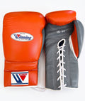 Winning lace-up boxing glove with bright orange back, gray palm and the red, white and blue W logo