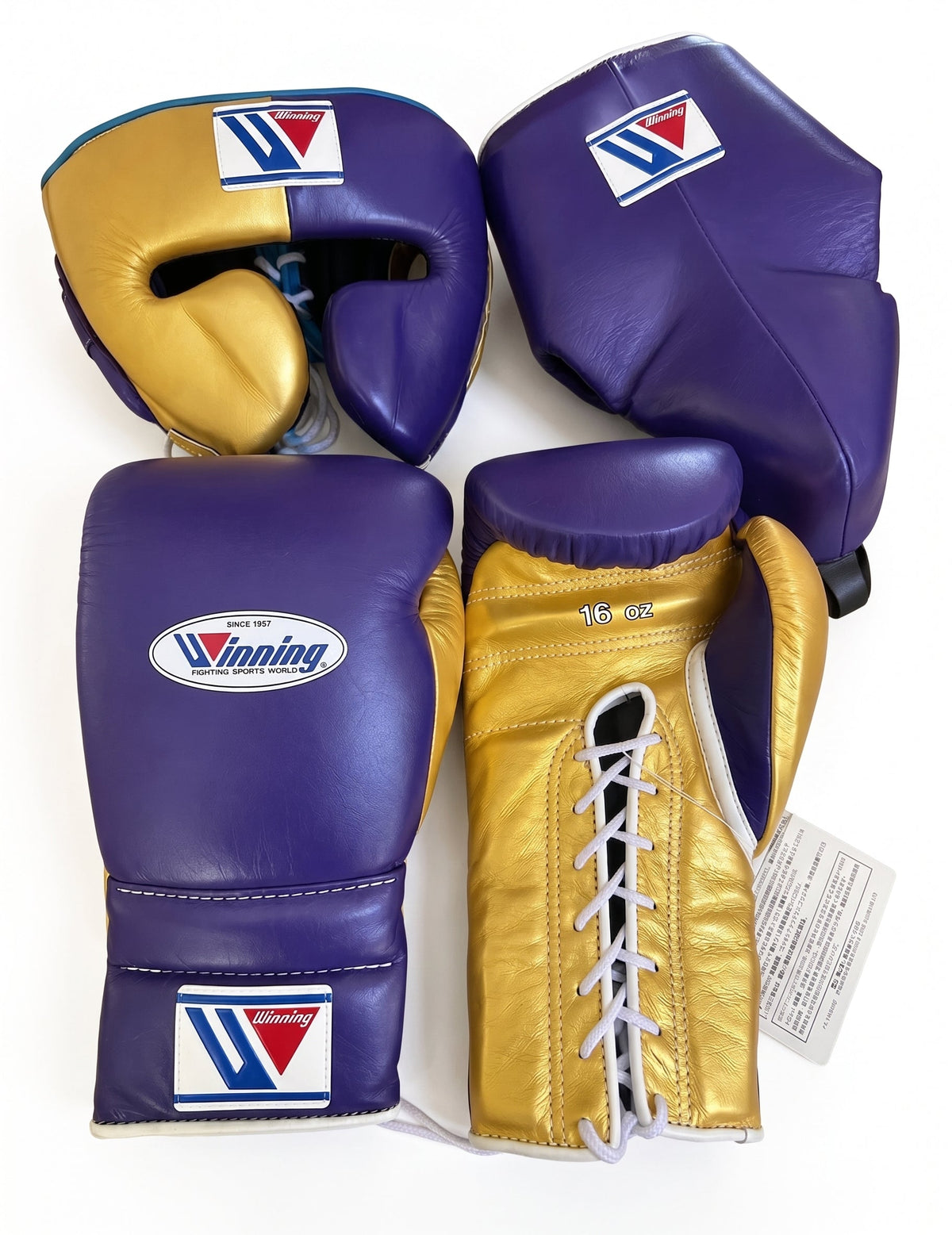 Winning purple and gold split boxing set, lace-up gloves, headgear and groin guard with W triangle logo