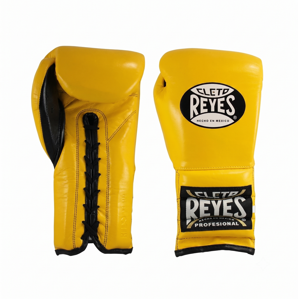 Pair of Cleto Reyes yellow lace-up boxing gloves with black laces, front and side view