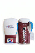 Winning lace-up boxing glove with white back, maroon palm and cuff, and a sky blue inner thumb panel