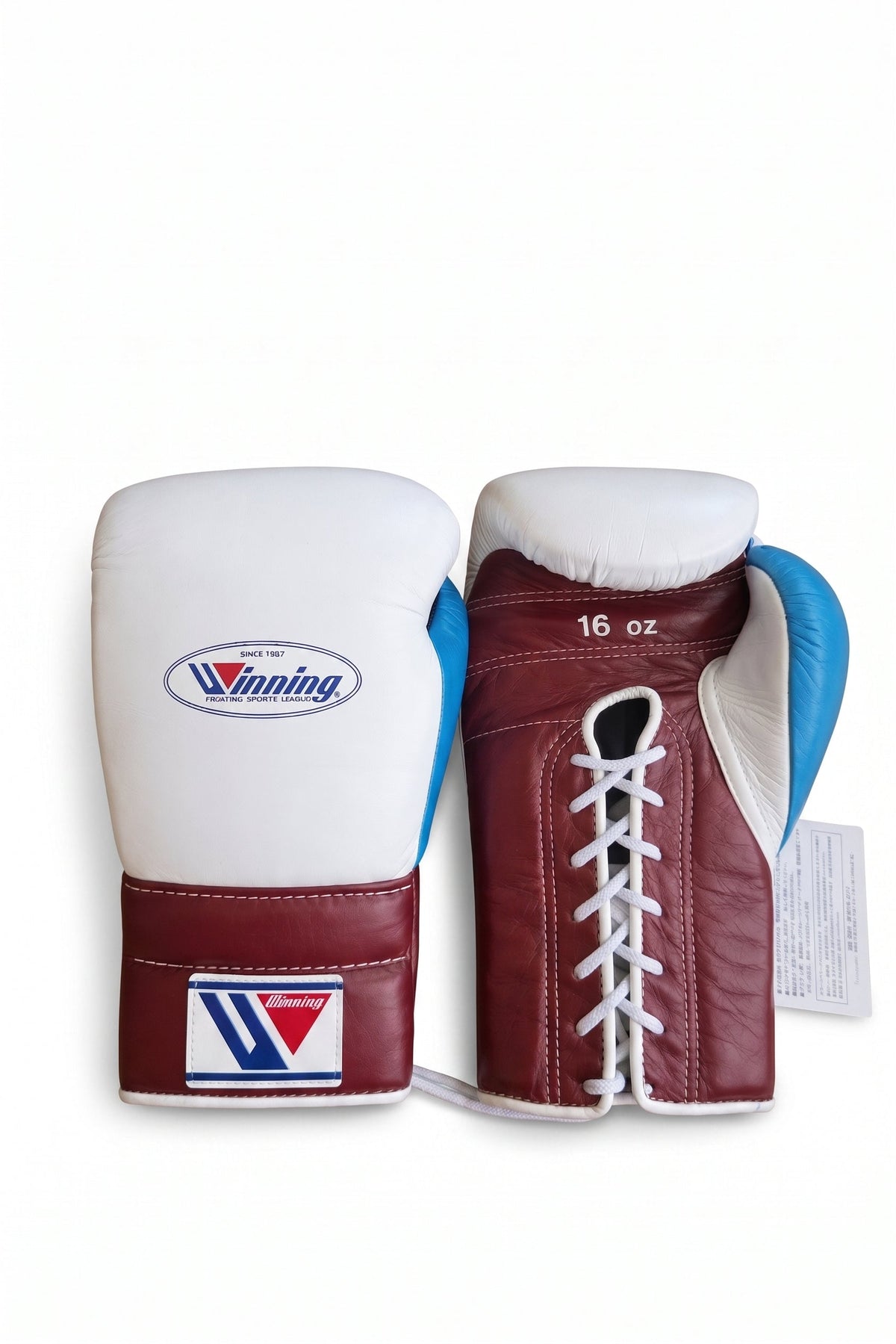 Winning lace-up boxing glove with white back, maroon palm and cuff, and a sky blue inner thumb panel
