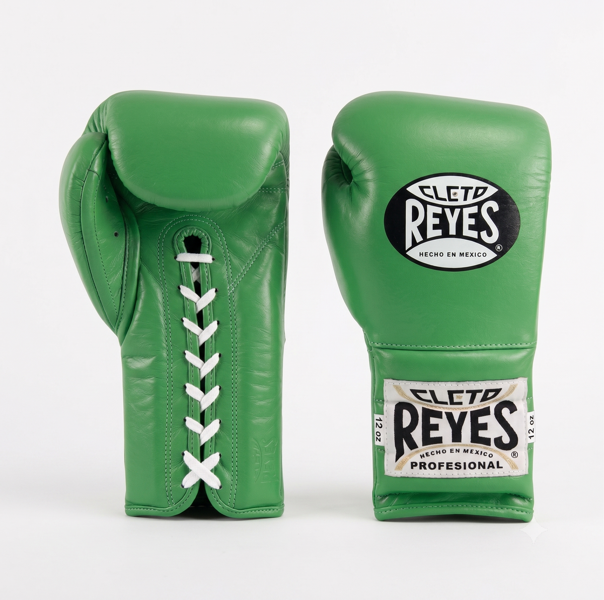 Cleto Reyes kelly green lace-up boxing gloves with white laces, oval logo and cuff label