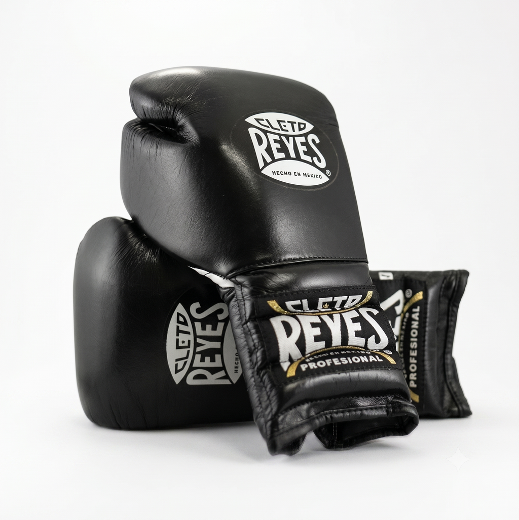 Cleto Reyes black leather boxing gloves side by side showing brand logo patches
