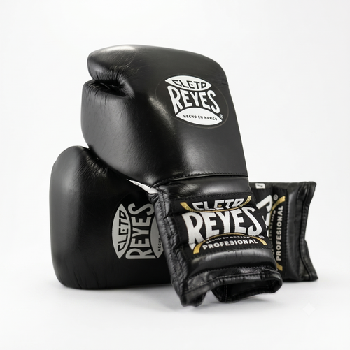 Cleto Reyes black leather boxing gloves side by side showing brand logo patches