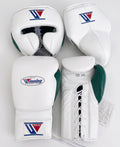 Winning white boxing set with green palm lace-up gloves, white headgear and groin guard, W logo