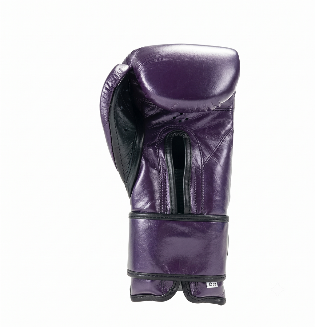 Back view of a Cleto Reyes purple metallic boxing glove showing the black strap and interior lining