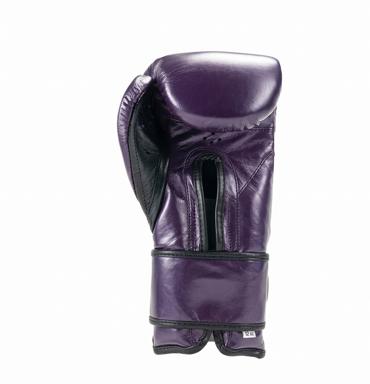 Back view of a Cleto Reyes purple metallic boxing glove showing the black strap and interior lining