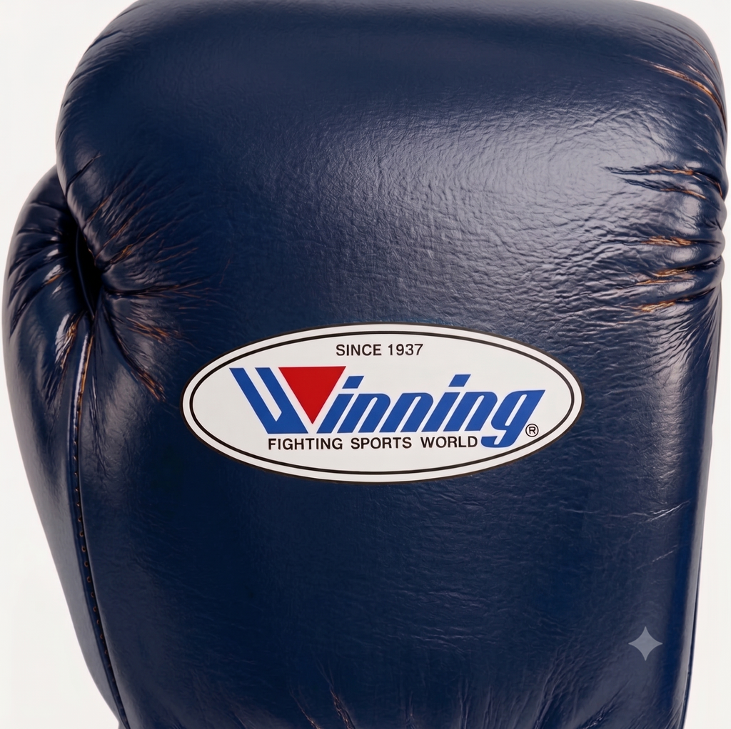 Winning MS-600 lace-up boxing glove in full navy blue leather with a textured surface finish - palm and closure detail