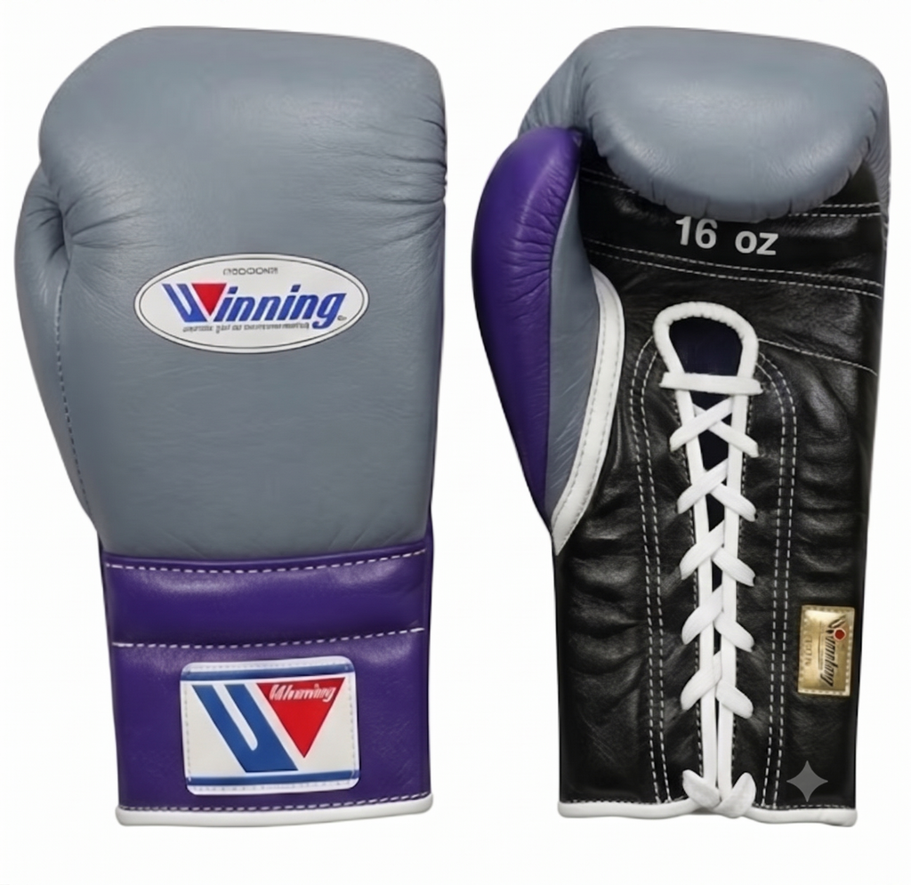 Winning MS-600 boxing glove with gray back, black palm and purple cuff, laced at the wrist
