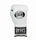 Single Cleto Reyes white boxing glove with logo on the knuckle and wrist, white laces visible