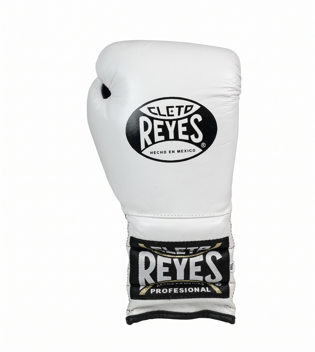 Single Cleto Reyes white boxing glove with logo on the knuckle and wrist, white laces visible