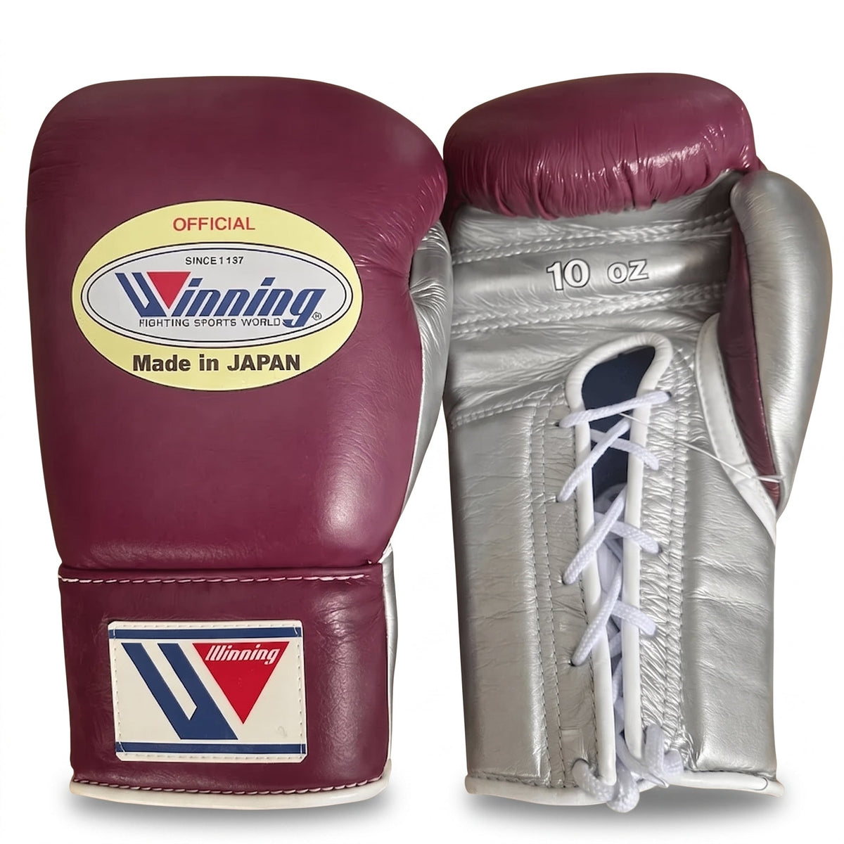 Winning burgundy wine-colored boxing gloves with a metallic silver palm and lace-up wrist