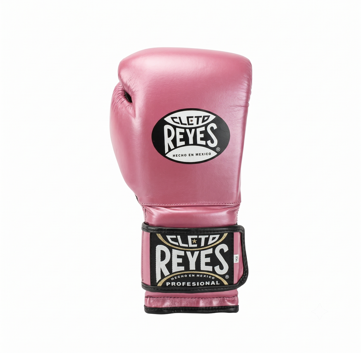Single Cleto Reyes metallic pink leather boxing glove with brand logo on the black wrist strap