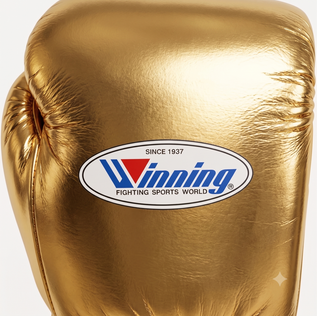 Winning MS-600 lace-up boxing glove in full metallic gold leather reflecting light across the back - palm and closure detail