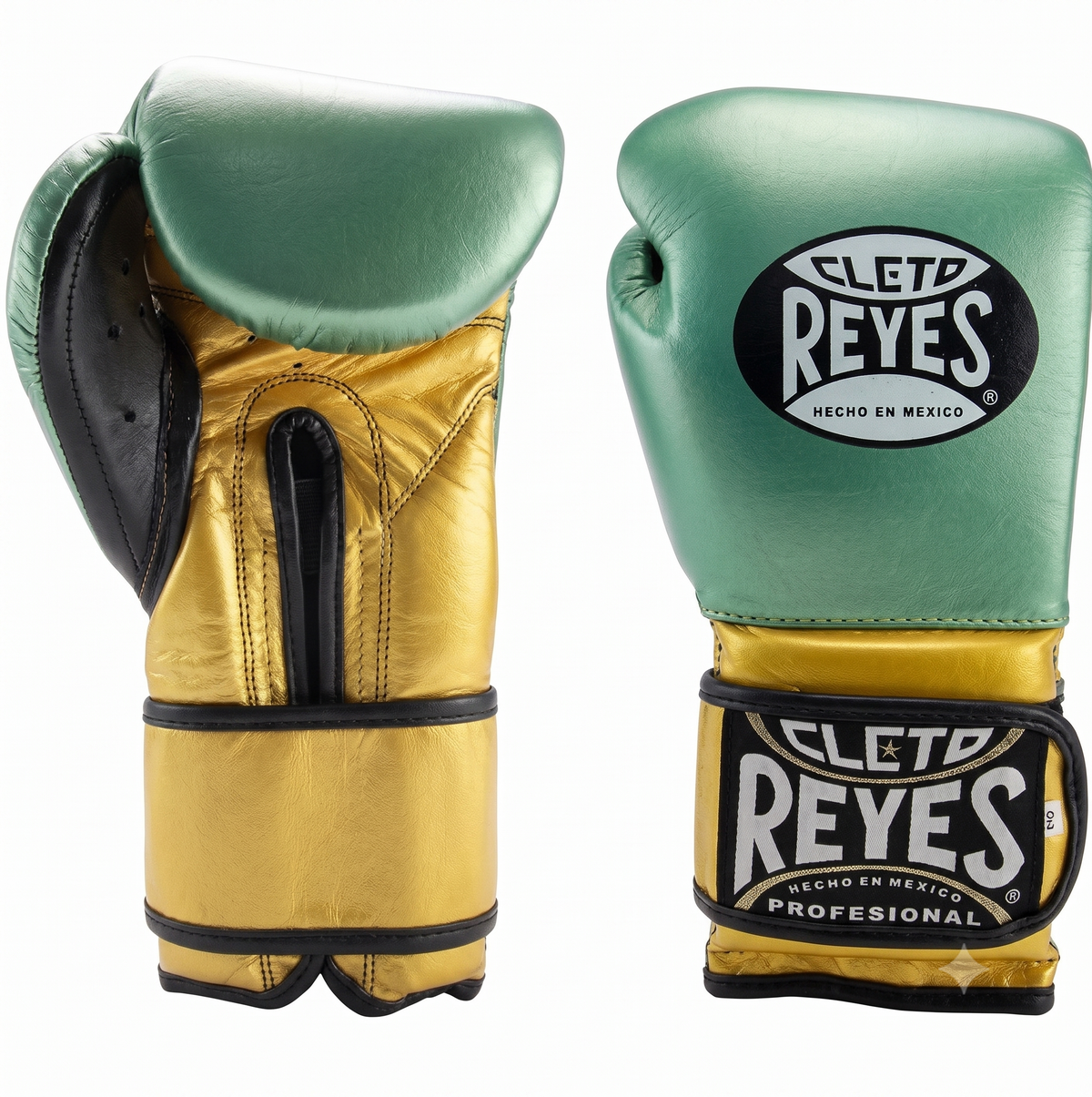 Cleto Reyes metallic sage green boxing gloves with metallic gold cuff and strap and black palm grip bar